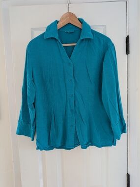 Tianello By Steve Barraza Blue Suzy Blouse Size L Three Quarter Sleeve Button Up
